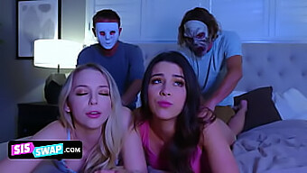 Two Aroused Stepbrothers Don Masks To Surprise Their Attractive Stepsisters And Pleasure Them With Oral Sex From Behind